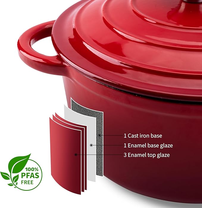 4QT Enameled Cast Iron Dutch Oven Pot with Lid,Heavy-Duty Cookware for Sourdough Bread Baking,Braising,Stews,Roasting,Oven Safe up to 500°F,RED