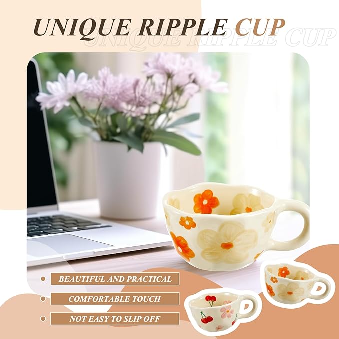Vesici 2 Pcs Ceramic Coffee Mugs with Spoon, Vintage Floral Spring Mugs with Handle, 8.5 oz Aesthetic Flower Porcelain Tea Cup Set, Dishwasher & Microwave Safe for Home Office Gift(Fresh)