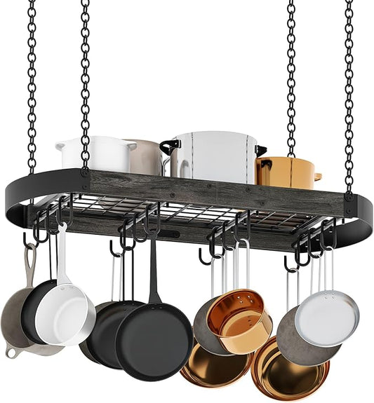 31.7-Inch Hanging Pot Rack, Space-Saving Pot Hanger for Kitchen, Ceiling Pan Hanging Rack with 16 Detachable S Hooks, Sturdy Metal Frame, Industrial Style, Charcoal Black and Black TPR09BC