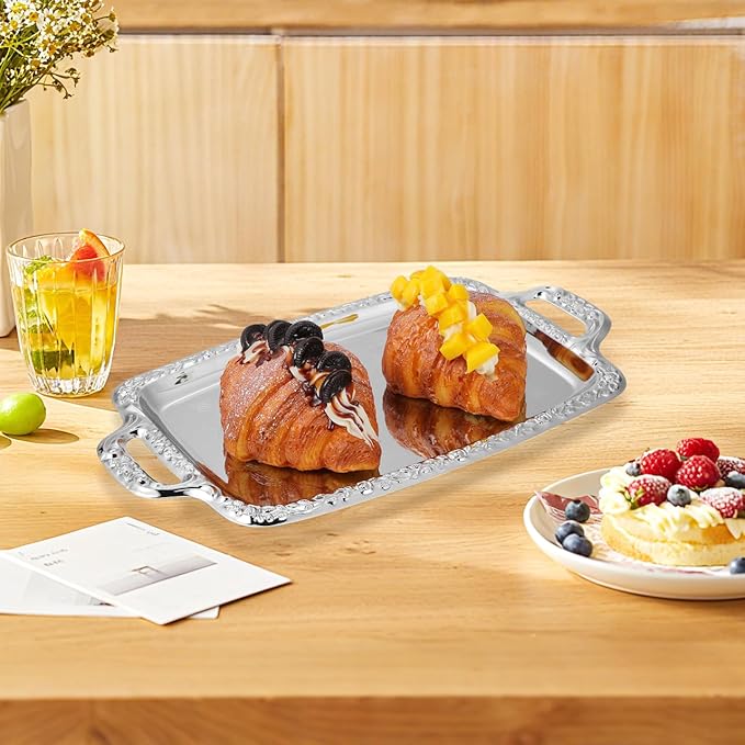 Rectangular Silver Serving Tray - Vintage Metal Tray for Whiskey - Dining Tableware and Decorative Platter Perfect for Entertaining and Home Decor