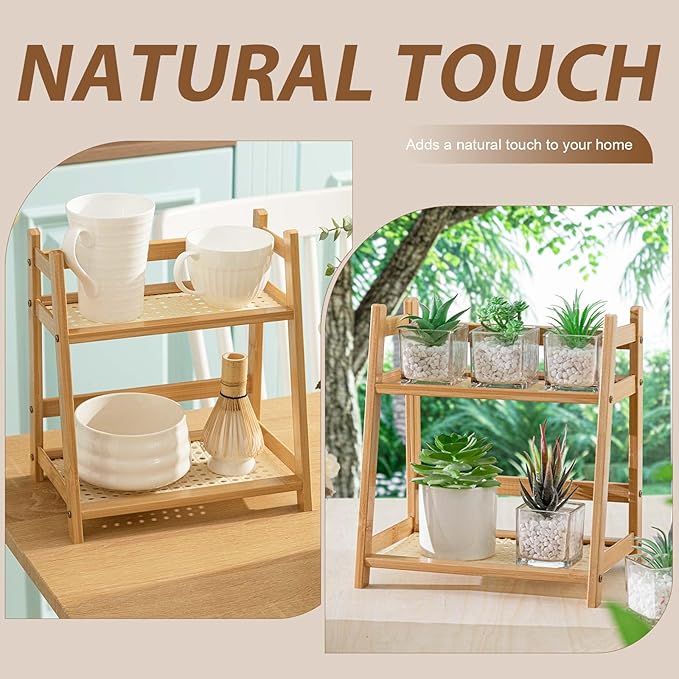 1 Pcs 2 Tier Matcha Station Shelf Bamboo Coffee Mug Stand Countertop Storage Rack, Double Layer Rattan Office Cup, Kitchen, Tea, Plant, Bar Accessories Condiment Display(Wood,10.2 Inch)