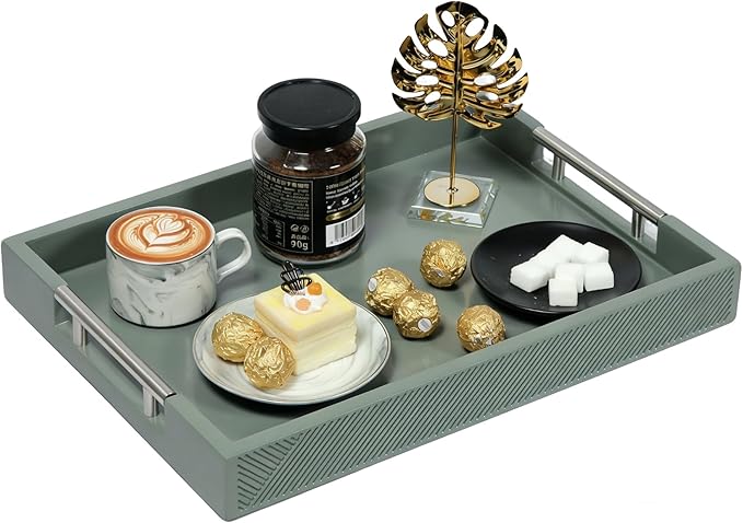 Serving Tray with Polished Metal Handles, 16.5''x12'' Rectangle Coffee Table Tray, Modern Decorative Tray, Large Ottoman Tray, Perfect for Storage and Display (Grey)