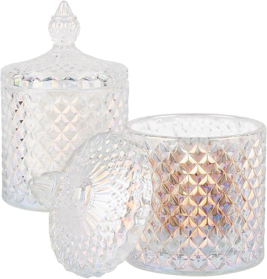2 Pack Qtip Holder Thick Glass Apothecary Jars with Lid for Bathroom Decor Storage Organizer for Cotton Swabs, Balls, Pads, Floss Picks, Candy, Jewelry, Iridescent Clear