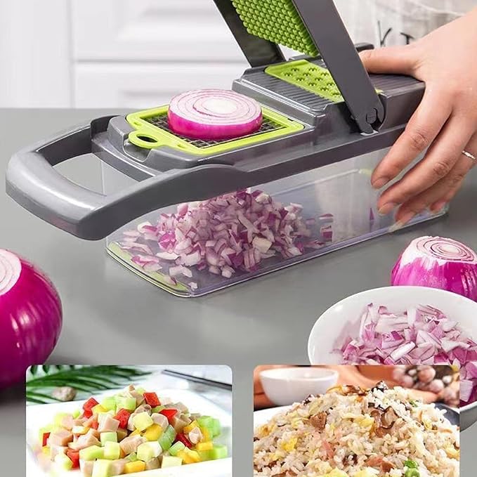 HHTAOR 16-in-1 Multifunctional Vegetable Chopper, Professional Food Veggie Chopper with 6 Blades & Container, Mandoline Slicer Onion Dicer Potato Tomato Cutter, Kitchen Gadgets Essentials (Grey)