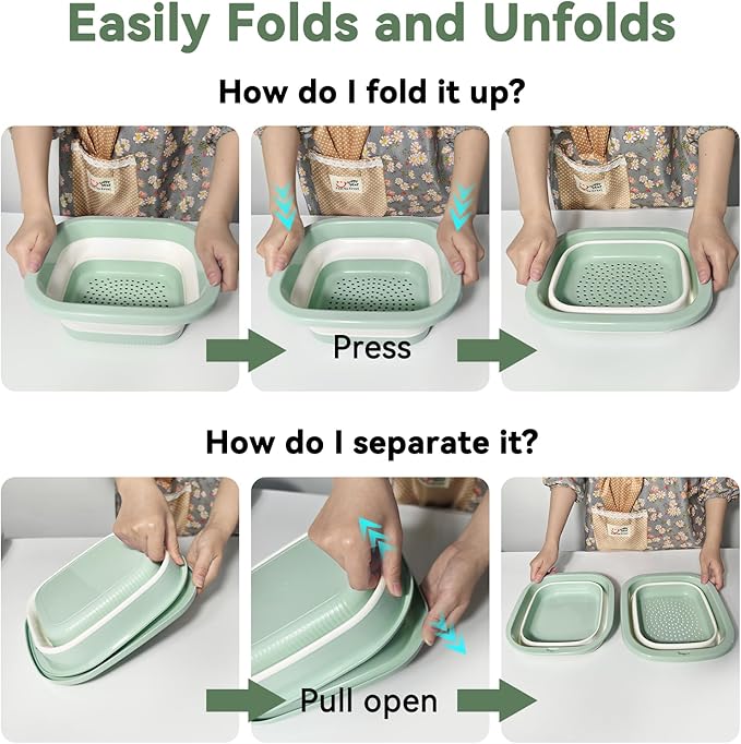 Collapsible Colander and Sink Basin Set - 2 in 1 Collapsible Colander Strainer with Collapsible Wash Basin for Kitchen, RV Camping, Foldable Fruit Vegetable Washing Basket, 2 QT, Blue