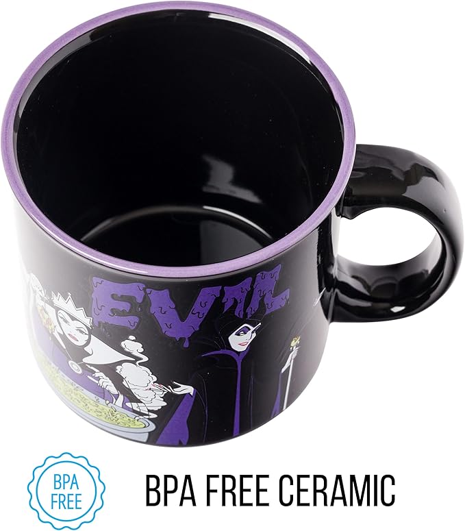 Silver Buffalo Disney Villains Evil Featuring Ursula, Cruella de Vil, The Evil Queen, and Maleficent Ceramic Camper Mug, 20 Ounces