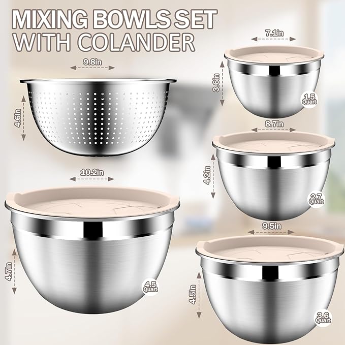 Stainles Steel Mixing Bowls with Lids Set, Stackable Metal Mixing & Serving Bowl with Strainer, 5-Piece - Beige