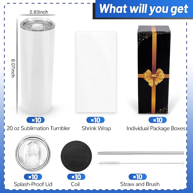 Joyclub Sublimation Tumblers Blanks 20 oz 10 Pack Skinny Straight Tumblers Bulk Stainless Steel Insulated Sublimation Cups with Lid and Straw, Gift Box