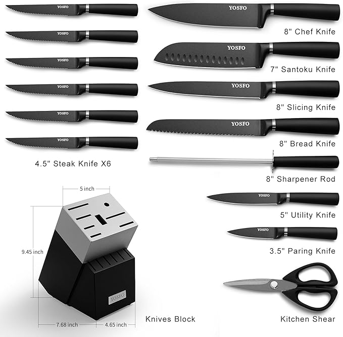 Knife Set with Block and Sharpener,15 Pcs Kitchen Knife Sets with Block,High Carbon Stainless Steel Japanese Knife Set,Matte Blade