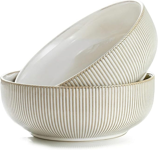getstar Large Serving Bowls (9.5 inch & 92 fl oz), Ceramic Salad Bowl Set of 2, Microwave and Dishwasher Safe (Embossed Stripes)