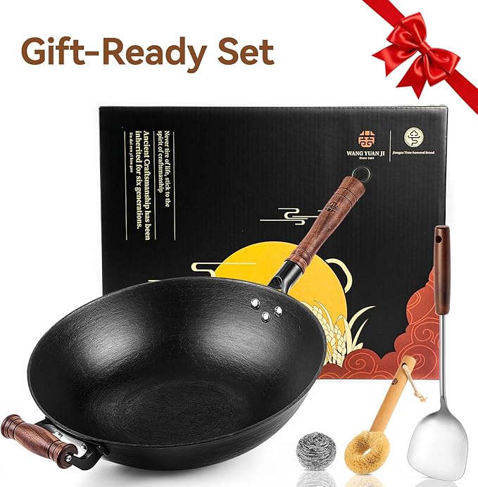 WANGYUANJI Cast Iron Wok Pan with Flat Bottom, 12.6 Inch Heavy Duty Uncoated Stir Fry Pan, Traditional Chinese Hand-Cast Deep Iron Pot for Electric Induction, Gas & Glass Top Stoves