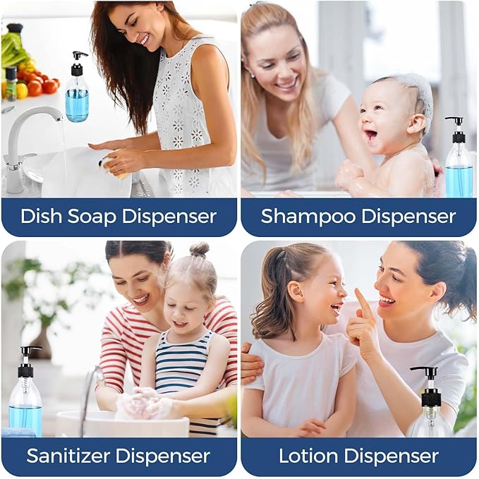 8 oz Clear Glass Pump Bottle, 250ml Small Lotion Dispenser Bottle for Body Massage Oil, Refillable Empty Hand and Dish Soap Dispensers Set with Storage Caps, Labels - 2 Pack