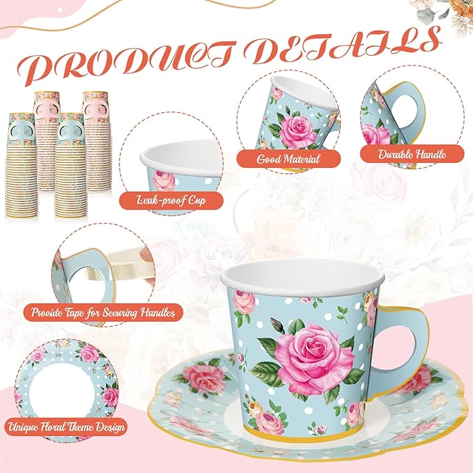Umigy 60 Sets Spring Tea Party Decorations 6.5 oz Floral Paper Teacups & Saucer Set for Girls Women Afternoon Tea Parties Mothers Day Bridal Shower Wedding Birthday Party Decorations(Pink Blue)