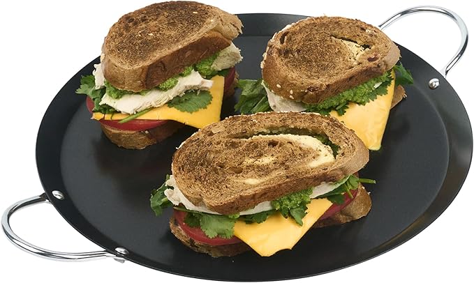 Restaurantware-Met Lux 11.06 Inch Round Griddle With Double Handle, 1 No-Stick Flat Top Grill - Compatible With Open Fire And Gas, Durable, Black Carbon Steel Griddle Pan, Even-Heating, For Eggs