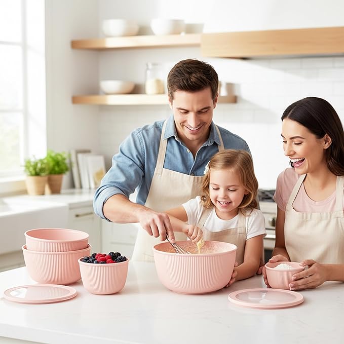 BoxedHome Mixing Bowls with Lids Set, 4 Packs BPA-Free Plastic Prep Bowls for Kitchen, Dishwasher & Microwave Safe, Pink
