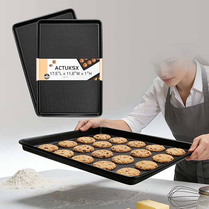 Nonstick Baking Sheet Set of 2, Carbon Steel Cookie Pans with Textured Surface – Oven Safe for Baking Cookies, Bread & Roasting (Black 17.5”x11.8”x1”)