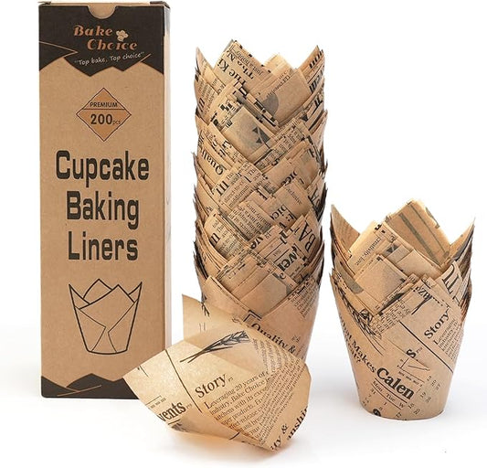 200pcs Tulip Cupcake Liners for Baking Cups Newspaper Print Parchment Paper Tulip Muffin Liners, Grease Resistant Cupcake Wrappers for Party, Christmas
