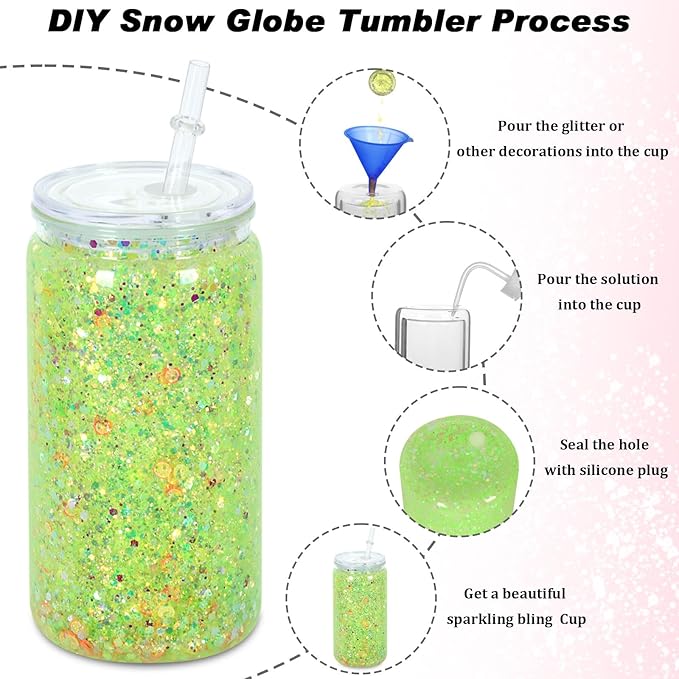 16 oz Plastic Snow Globe Tumbler, 16 Pack Double Wall Snowglobe Tumbler with Pre Drilled Hole, Plastic Mason Jar Cups Can for Snow Globe Glitter DIY (Clear)