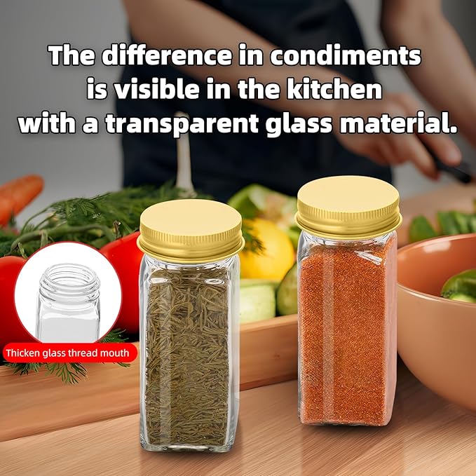 2Pcs 4oz Glass Spice Jars with Shaker Lids, Spice Jars Trial Set & Supplement Set, Empty Spice Containers and Square Spice Bottles for Kitchen (Gold iron Lids)