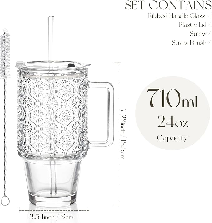 KEMORELA 24 Oz Ribbed Glass Tumblers with Lids and Straws, Tumbler Cup with Handle, Iced Coffee Glassware, Clear Reusable Drinkware for Smoothies and Beverages(1)