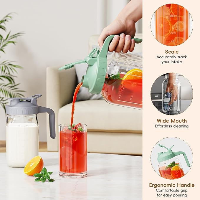 Glass Mason Jar Pitcher, 64 oz Wide Mouth Jug with Pour Spout Handle Lid for Cold Brew Coffee, Ice Beverage, Iced Juice, Lemonade, Sun Tea, Fruit Drinks Container(Gray)