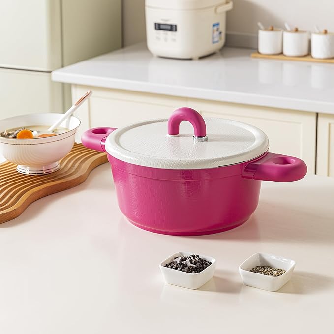 Alpstone 4QT Nonstick Stock Pot with Lid, Ceramic Casserole with Die-cast lid, Non-toxic Kitchen Soup Pot, Family Cooking Pots PFAS and PFOA Free (Pink Color)