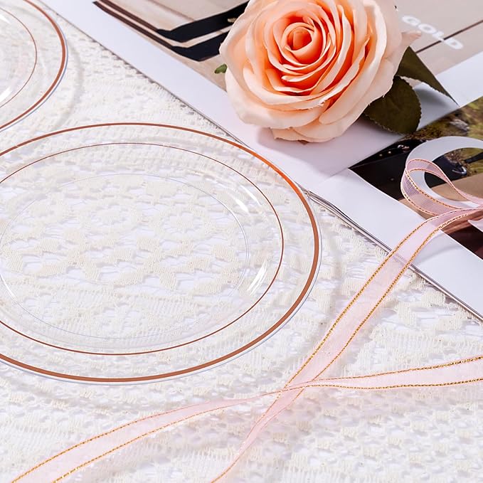 bUCLA 100PCS Clear Rose Gold Plastic Plates Disposable - Heavy Duty 6.25 Inch Clear Plastic Dessert Plates with Rose Gold Trim - Ideal for Party, Wedding & Mother's Day