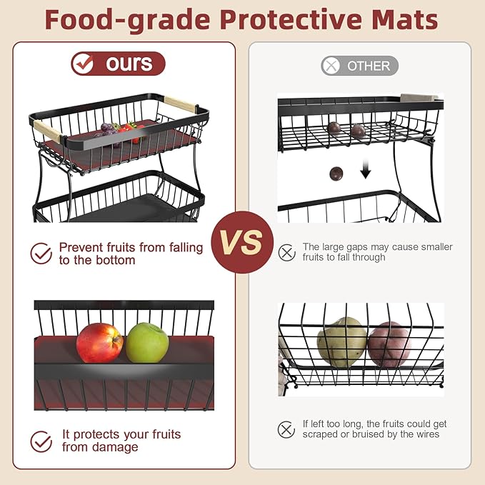 2 Tier Large Fruit Basket for Kitchen Counter with 2 Mobile Banana Hangers, 2026 Pro Detachable Metal Fruit Bowl with Wooden Handle (Silver, 3 Tier)