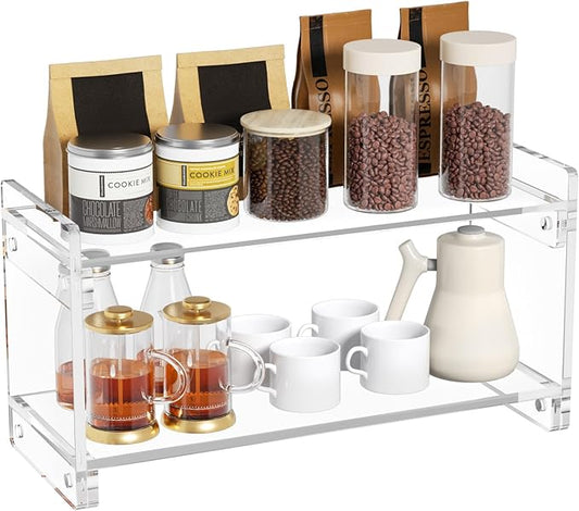 Coffee Station Organizer Countertup: Coffee Bar Accessories - 2 Tier Kitchen Acrylic Storage Shelf for Placing Mugs Beans Syrup Cups Stirrers