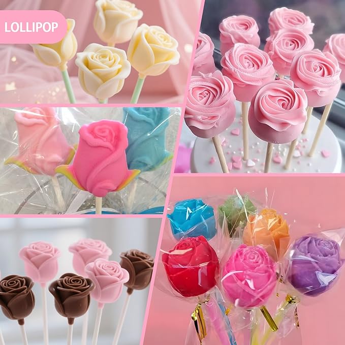 Rose Cake Pop Mold Kit 2 Pack Rose Lollipop Mold Flower Sucker Molds Flower Lollipop Baking Molds Tray with 300pcs Lollypop Sucker Sticks and Bags for Chocolate Jelly Hard Candy Cake Cupcake