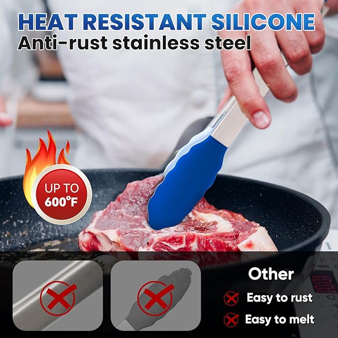 600℉ Heat Resistant Kitchen Tongs for Cooking with Silicone Tips,12-Inch Stainless Steel Locking Cooking Tongs Food Tongs for BBQ,Cooking,Salad and Serving Food,Heavy Duty,Non-Stick (Classic Blue)