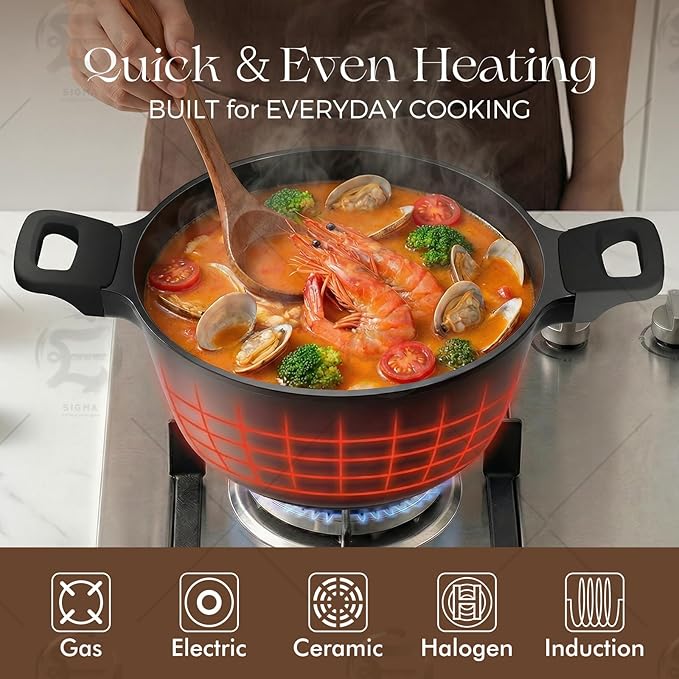 PRICUSIS Nonstick Stock Pot with Silicone Rim Tempered Glass Lid, 4.5/7 QT Soup Pot Casserole, Cooking Pot, Induction Compatible, Dishwasher Safe, Ideal for Pasta & Stews, PTFE PFOA Free, Black Sesame