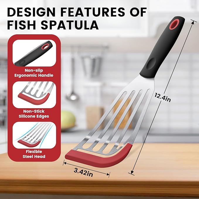 Silicone Fish Spatula, Heat Resistant Silicone Edge for Nonstick Cookware, Fish Turner for Kitchen Use, Flexible and Thin Stainless Steel Cooking utensils, Perfect Slotted Spatula for Egg, Pancake