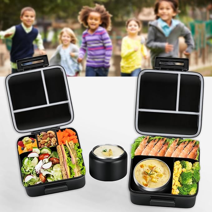 MAISON HUIS Bento Lunch Box with 8oz Soup Thermo, 5-Compartment Leak-Proof Container, Thermo Hot Food Jar and Insulated Lunch Bag, BPA Free,Travel, School (Black)