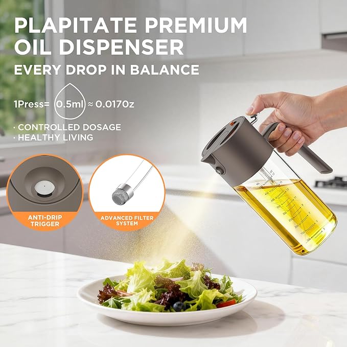 2Pcs 17oz Premium Olive Oil Sprayer for Cooking, 2 in 1 Glass Olive Oil Dispenser Bottle for Kitchen Gadgets, Spray Bottle with Portion Control for Salad, Frying, BBQ (Black & Gray)