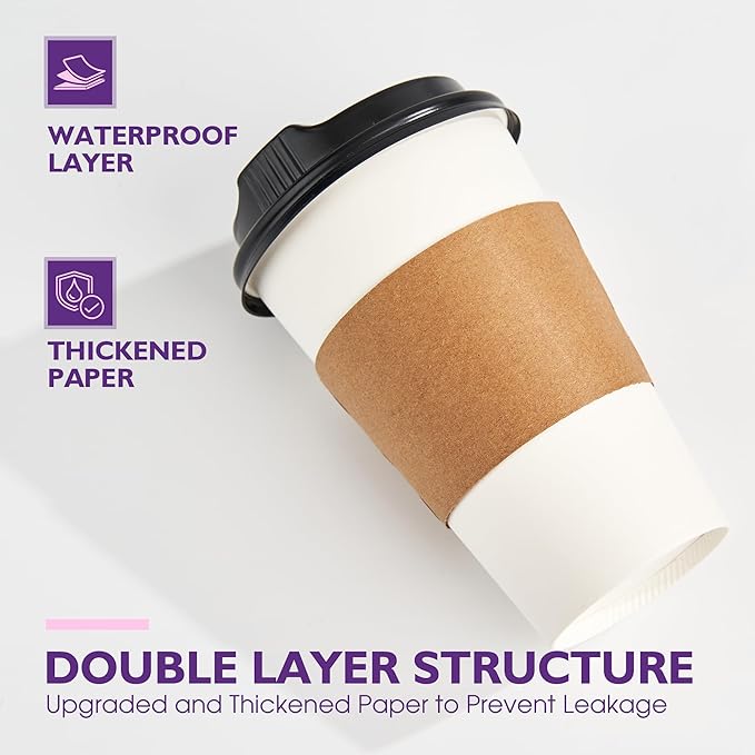 16 oz 100 Pack Disposable Coffee Cups with Lids and Sleeves, To Go Coffee Cups with Lids, Hot/Cold Beverage Drinking Cup for Coffee, Tea