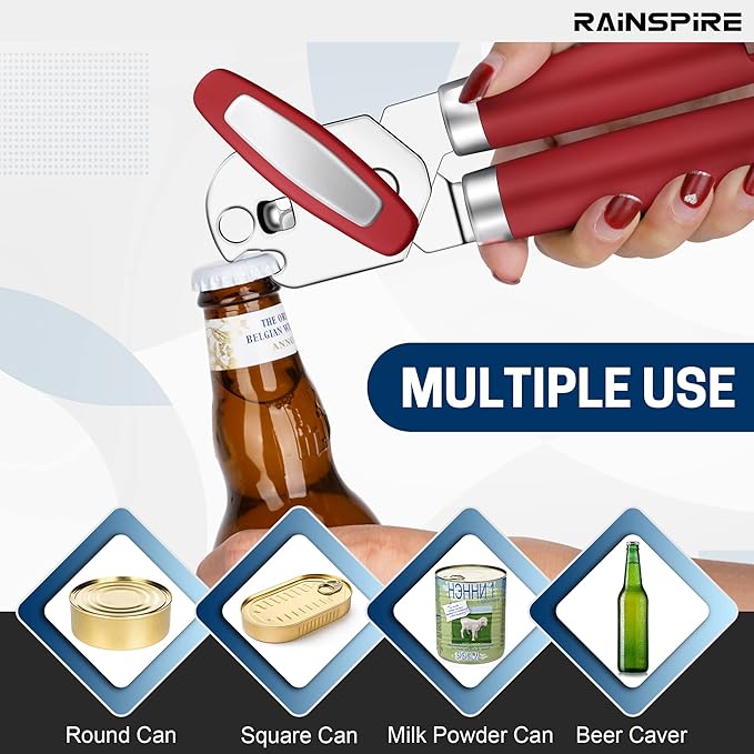 Rainspire Can Opener Manual Handheld Strong Manual Can Opener Smooth Edge Cut, Can Opener Heavy Duty, Comfortable Soft Handle, Built-in Bottle Opener, Red