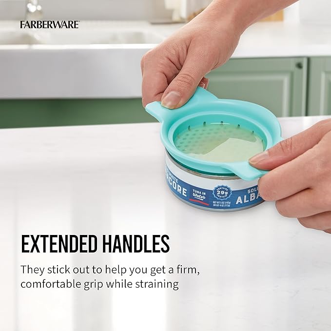 Farberware Can Colander Strainer, For Quick and Easy Straining of Pasta, Fruits, Vegetables, Juices, Tuna and More, Fits Most Standard Cans, Dishwasher Safe, Aqua Sky