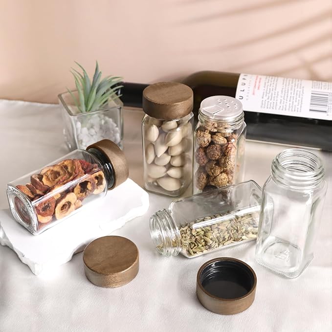 ZEHIQ 30Pcs Glass Spice Jars with Acacia Wood Lids, 4 oz Square Seasoning Containers with Labels, Seasoning Jars with Shaker Lids, Chalk Pen, Funnel, Cleaning Brush, Spice Bottles for Cabinet, Drawer