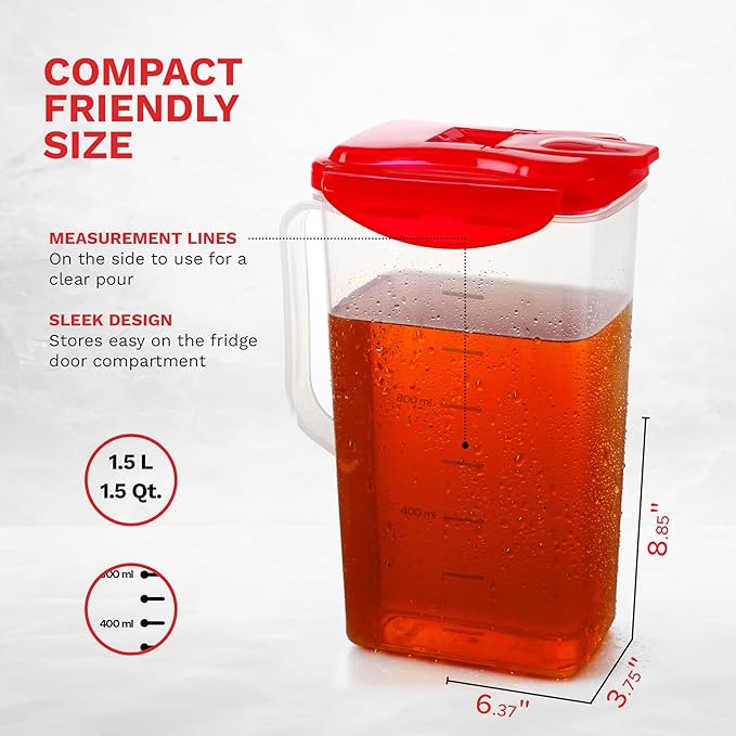 Pitcher 50 Oz. | Plastic Pitcher with Lid | Jug for Fridge | Juice Container with Lid | Iced Tea Pitcher | Airtight Pitcher with Spout Perfect for Lemonade, Water. BPA Free, Red (Small))