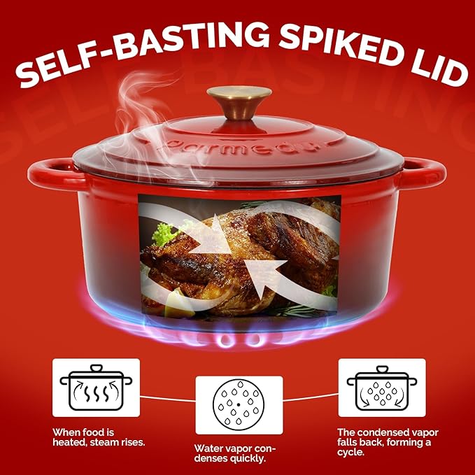 Parmedu 5.5QT Enameled Cast Iron Dutch Oven with Lid, Red Heavy Duty Pot for Sourdough, Bread Baking, Soup, Stews & Roasting with Recipe, Heat-Resistant Grips, Potholder, Cleaning Sponge