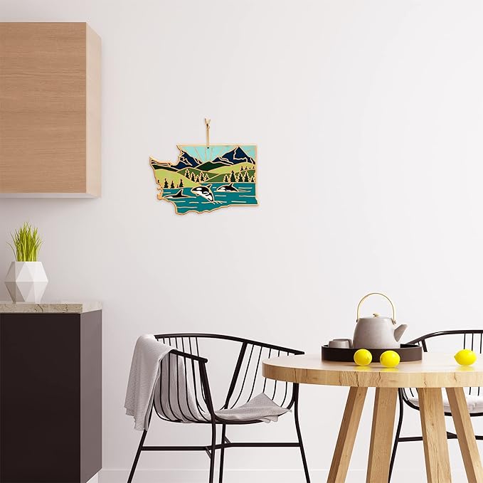 Totally Bamboo Washington State Shaped Cutting Board and Charcuterie Serving Platter with Artwork by Summer Stokes, Includes Hang Tie for Wall Display Varies