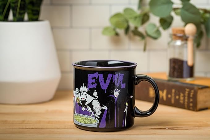 Silver Buffalo Disney Villains Evil Featuring Ursula, Cruella de Vil, The Evil Queen, and Maleficent Ceramic Camper Mug, 20 Ounces