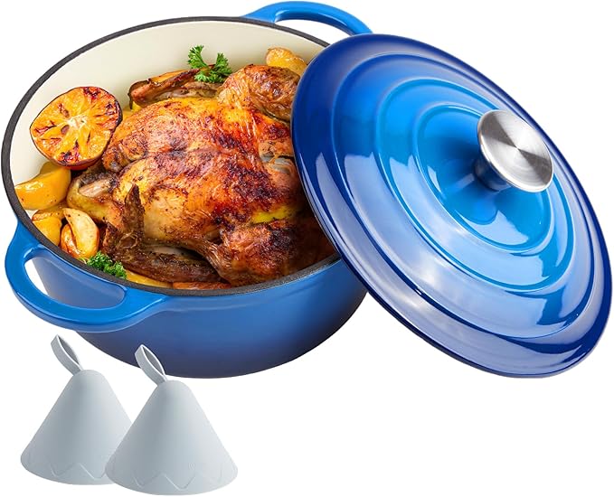 4 Quart Dutch Oven Enameled Cast Iron with Lid - Big Dual Handles - Oven Safe up to 500°F - Classic Round Pot for Versatile Cooking Blue