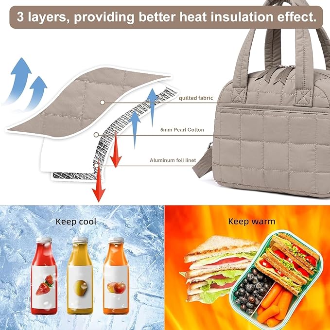 LEDAOU Lunch Box for Women Lunch bag Quilted Puffer Lunch Box with Adjustable Strap Insulated Reusable LunchBox for Work School Picnic Travel (Grey)