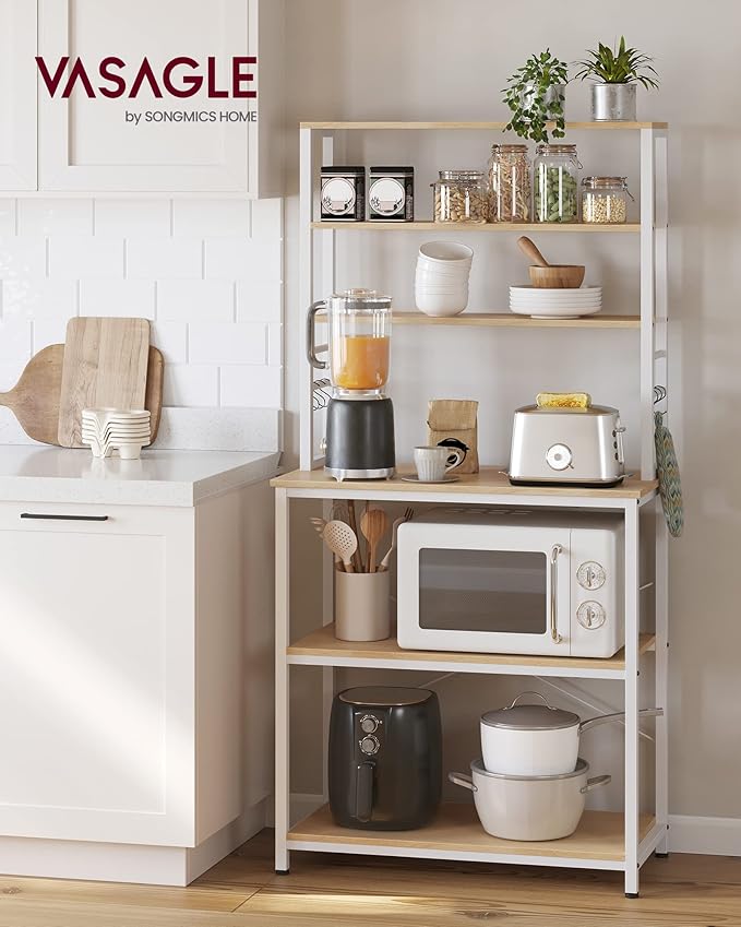VASAGLE Coffee Bar, 31.5 Inches Baker's Rack for Kitchen with Storage, 6-Tier Kitchen Shelves with 6 Hooks, Microwave Stand, Modern, Golden Oak and Cloud White UKKS019W09