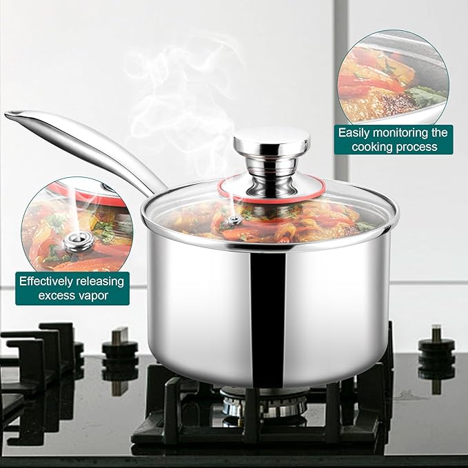 TeamFar 3qt Saucepan with Lid, Stainless Steel Tri-ply Pasta Sauce Milk Pan Small Cooking Pot with Ergonomic Handle, for Induction/Gas/Electric/Ceramic, Healthy & Heavy Duty, Dishwasher Safe