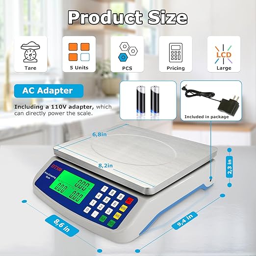 Digital Kitchen Scale 40kg/88lb Stainless Steel Price Computing Scale Counting Scale Deli Scale with Large LCD Display for Baking Bread Cooking Meat Prep Parts and Coins Adapter Included