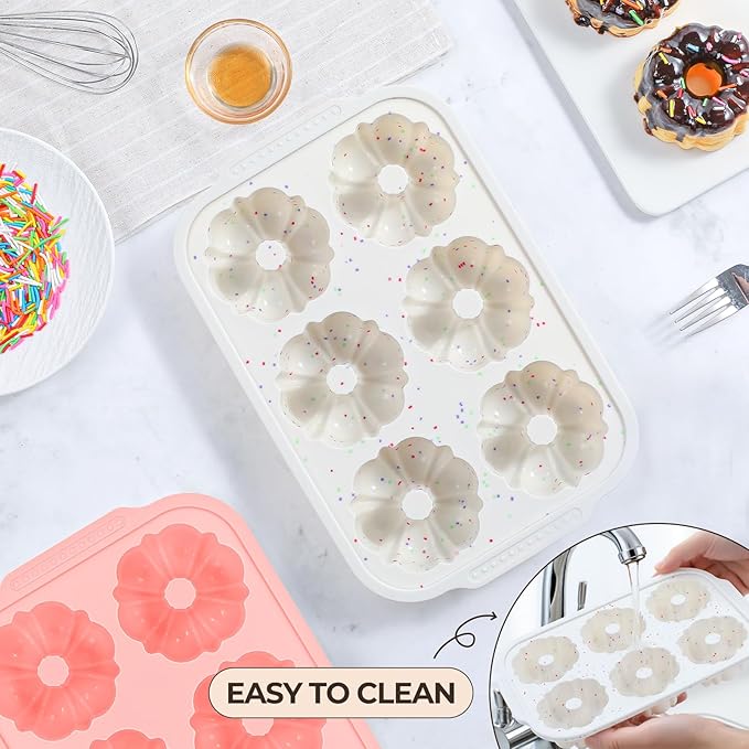 FUNBAKY Mini Fluted Tube Cake Pans for Baking with Metal Reinforced Frame, 2Pcs Silicone 6-Cavity Mini Flan Molds, Nonstick Baking Mold for Cupcake, Brownie, Donuts, Cornbread, Jello