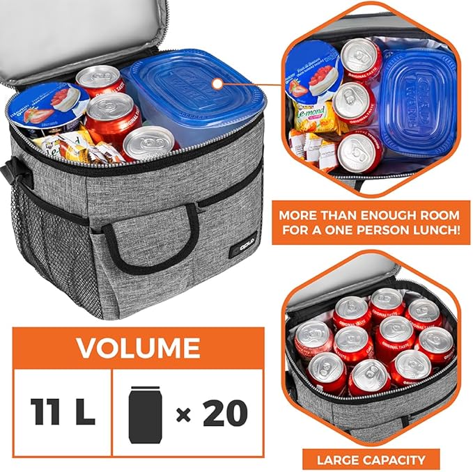 opux Insulated Lunch Bag for Men Women, Leakproof Heather Gray Lunch Box for Work, Portable Soft Lunch Cooler Bag with Shoulder Strap, Adult Lunchbox Lunch Pail for Kid Boy Girl School, 18 Can/10L